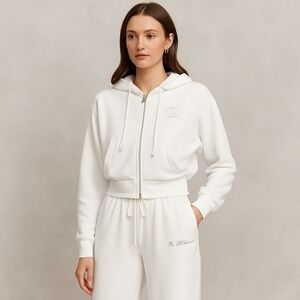 Le Alessandra White Terry Lounge Set S Rhinestone Logo Zip Hoodie Wide Leg Pants